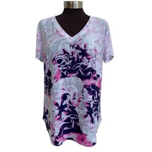 NYGARD Blouse Size Small Gray & Purple Floral V-Neck Top Oversize Long back